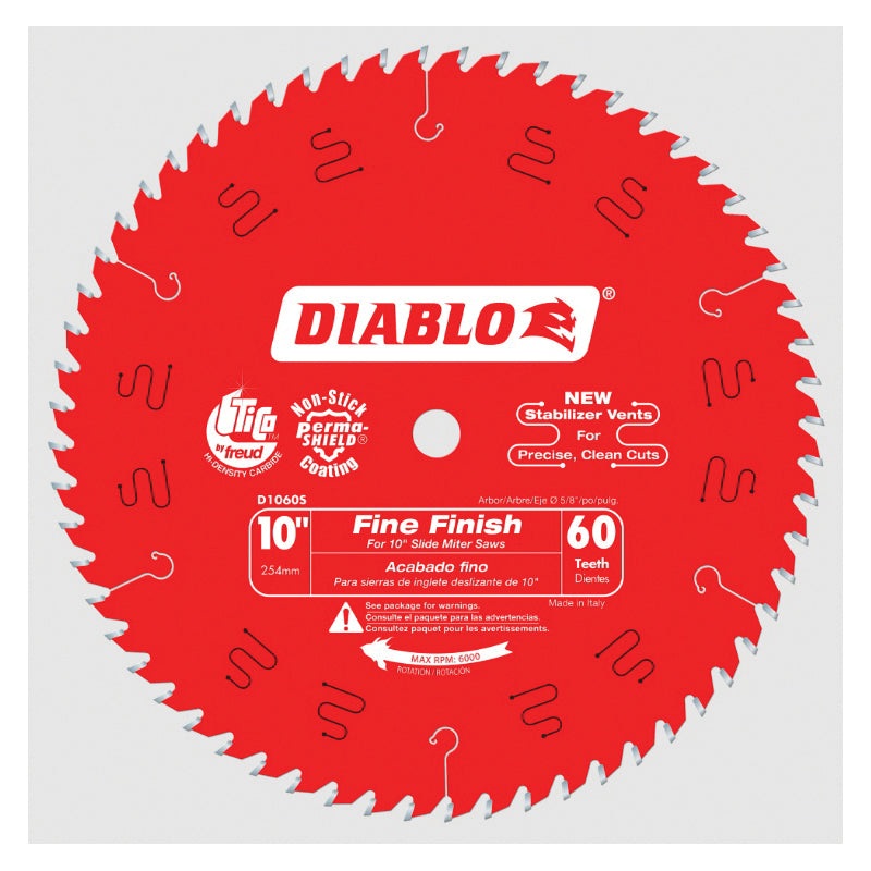 DIABLO D1060S Slide Miter Saw Blade, 10 in Dia, 60-Teeth, 5/8 in Arbor, 6000 rpm Max Speed, Carbide Cutting Edge