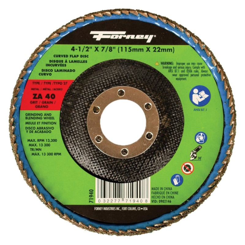 Forney 71940 Curved Edge Flap Disc, Type 27 Disc, 4-1/2 in Dia, 7/8 in Center Hole, 40 Grit, Coarse Grit