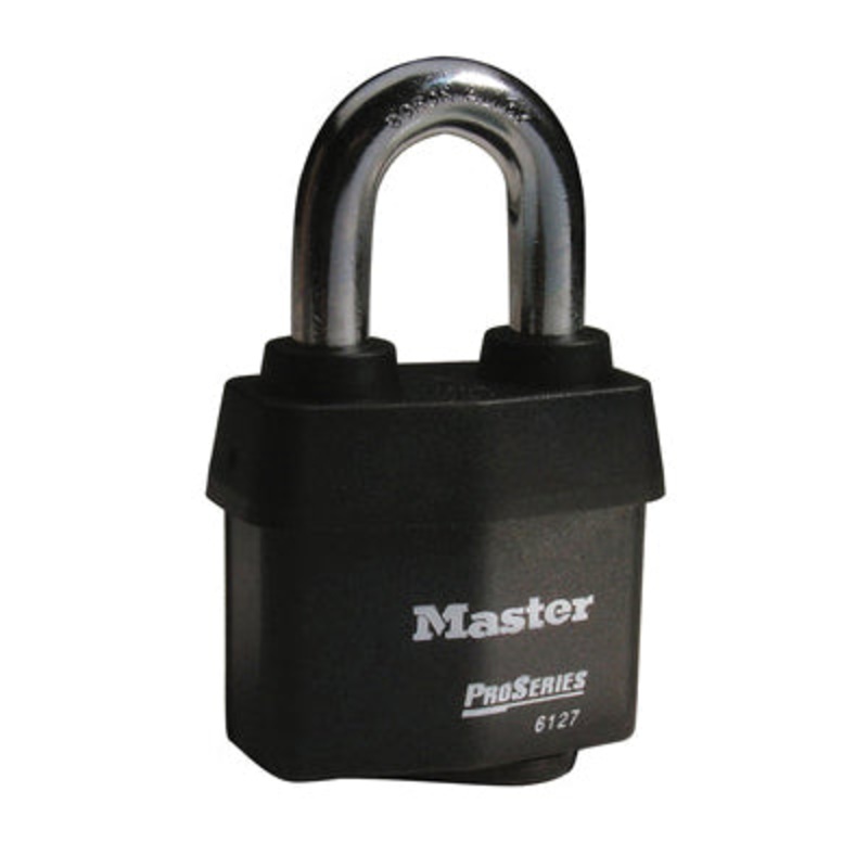 Master Lock 6127KA Laminated Padlock, 1-3/8 in H Shackle, 7/8 in W Shackle, Black Body