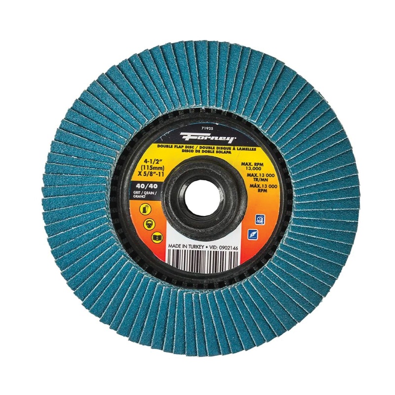 Forney 71925 Double-Sided Flap Disc, Type 29 Disc, 4-1/2 in Dia, 5/8-11 Center Hole, 40 Grit, Coarse Grit