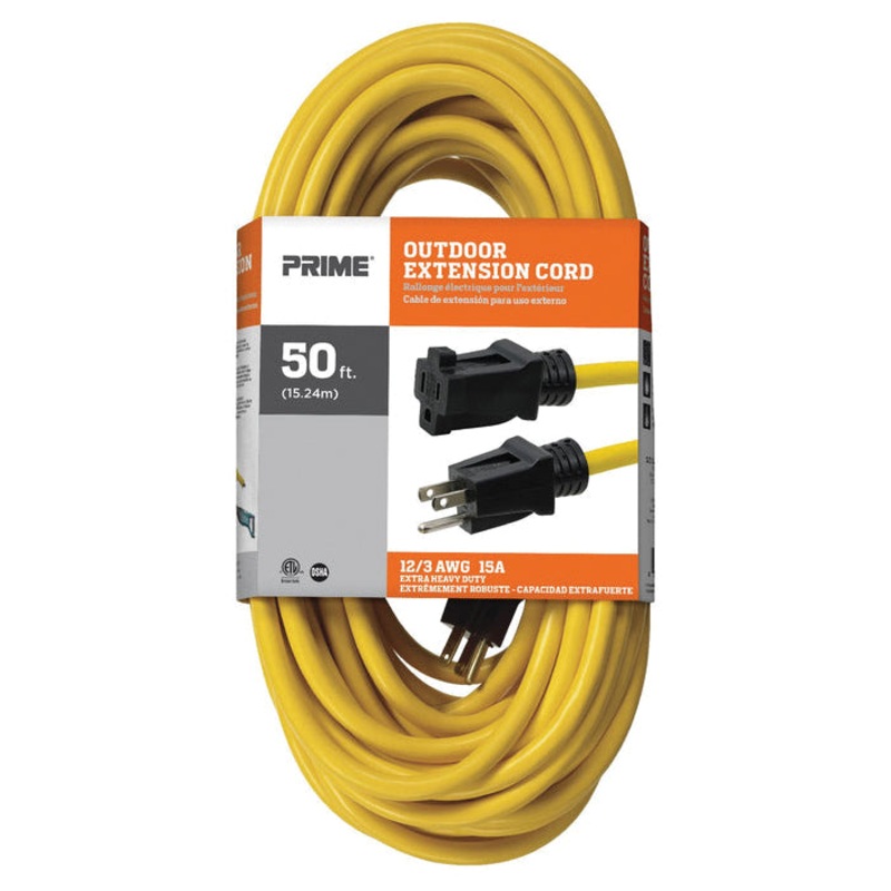 PRIME EC500830 Outdoor Extension Cord, 125 V, 3 -Conductor, SJTW Conductor, 12 AWG Conductor, 50 ft L