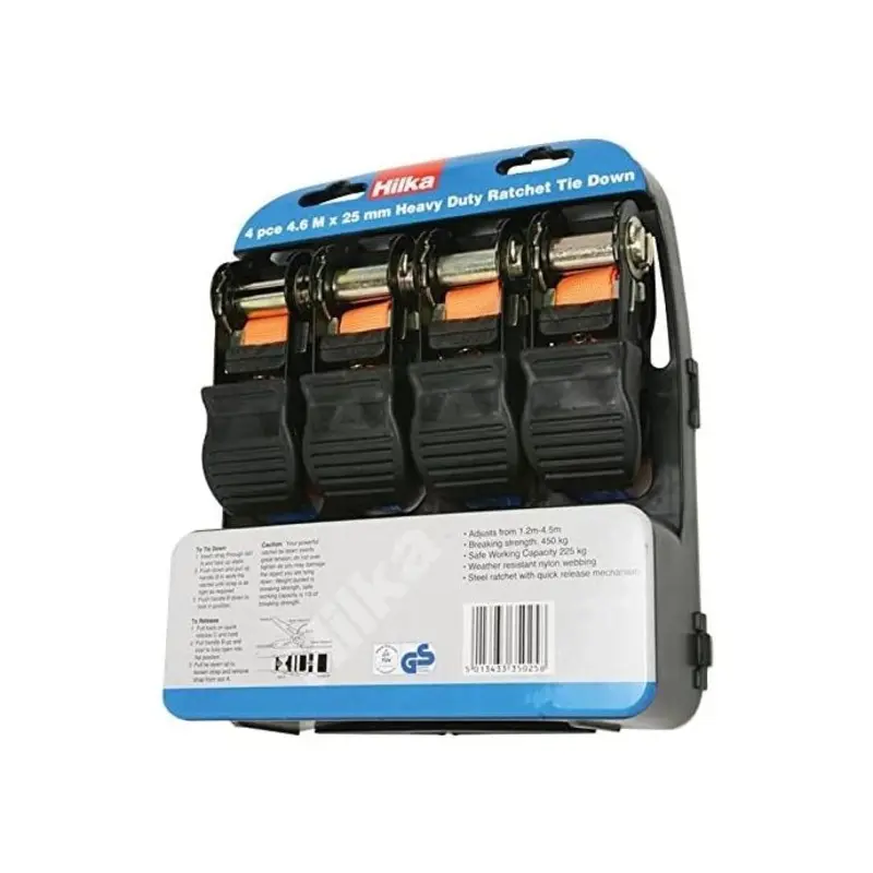 Hilka 4 pce 25mm x 4.5m Ratchet Tie Downs