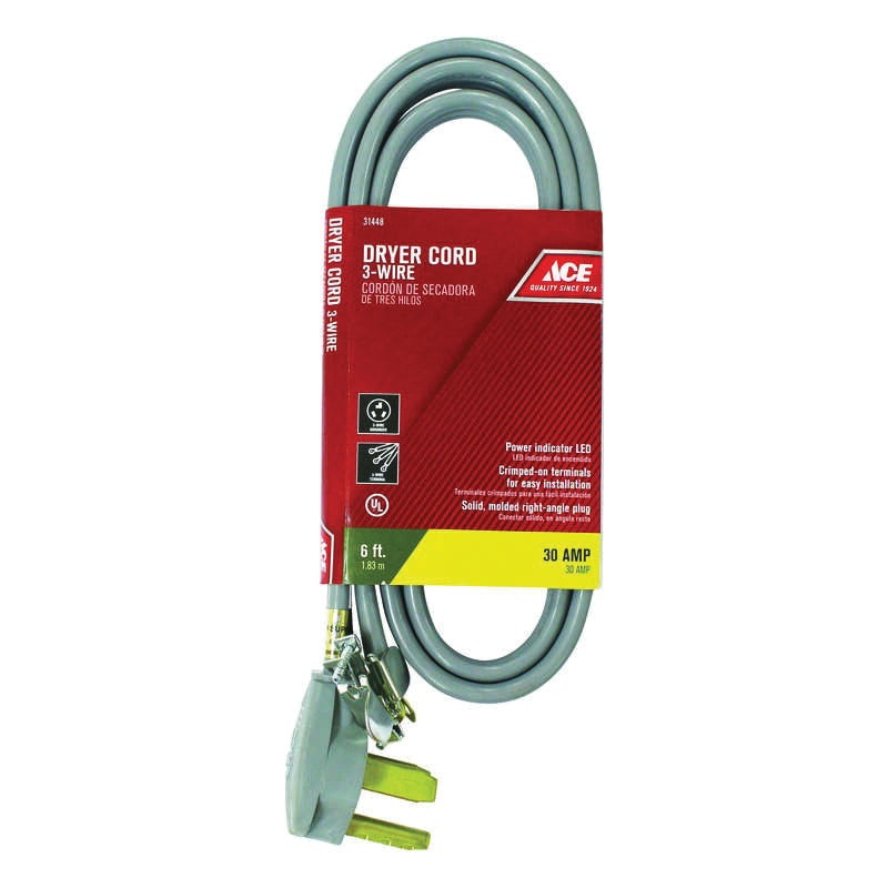 ACE RDRDT10306XGY 3-Wire Dryer Cord, 10/3 AWG Conductor, 6 ft L, Gray