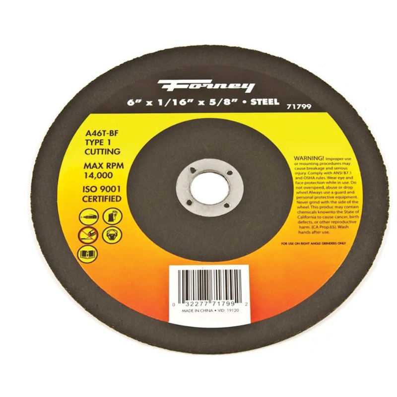 Forney 71799 Cut-Off Wheel, Type 1 Wheel, 6 in Dia, 1/16 in Thick, 5/8 in Arbor, 46 Grit, Medium Grit